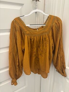Free People Mustard Embroidered Boho Blouse